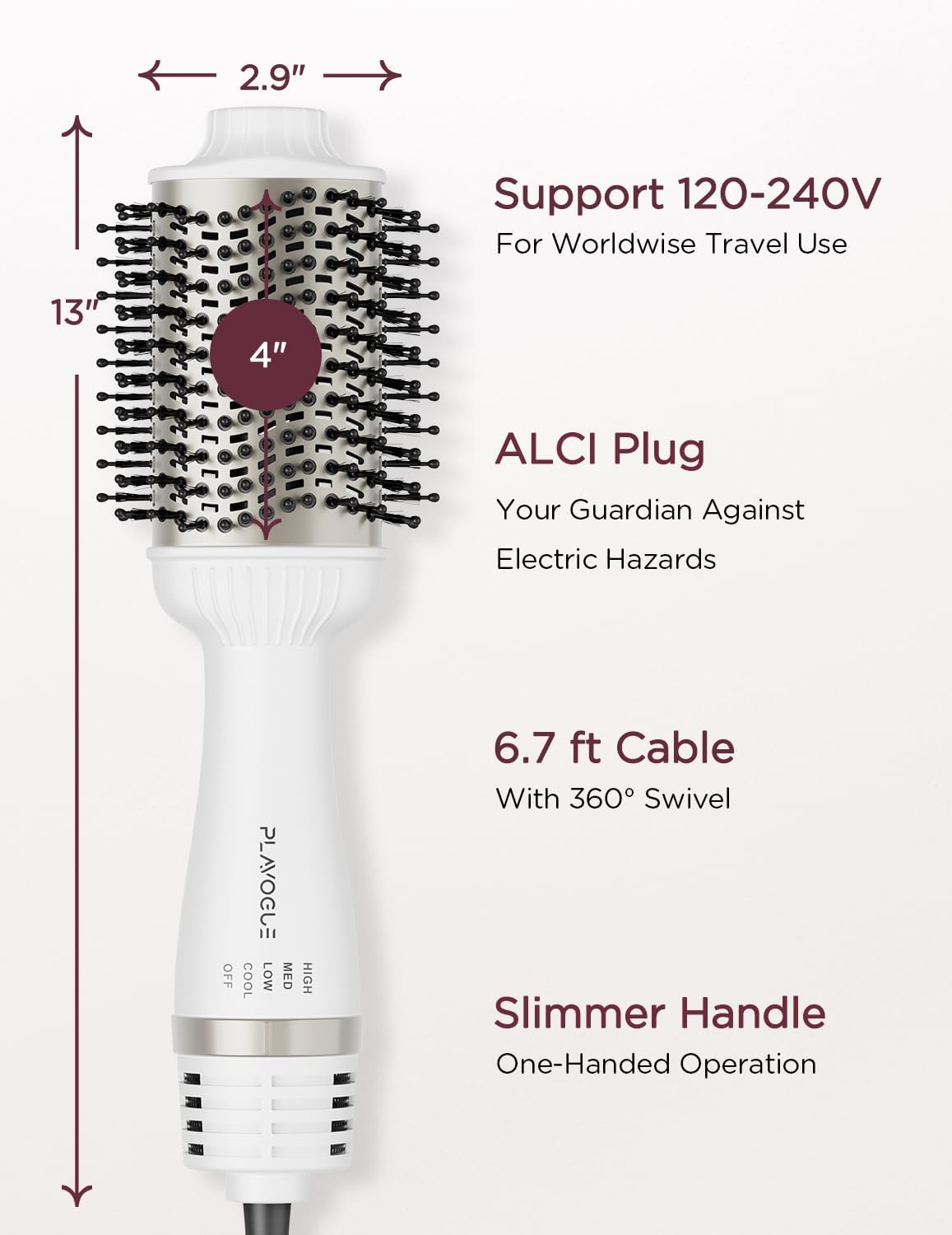 Plavogue hair dryer brush, 120V-240V dual voltage negative ion hair dryer brush